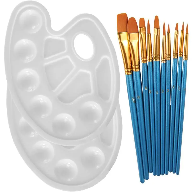 10Pieces Round Pointed Tip Nylon Hair Brush Set With 2 Piece Paint Tray Palette