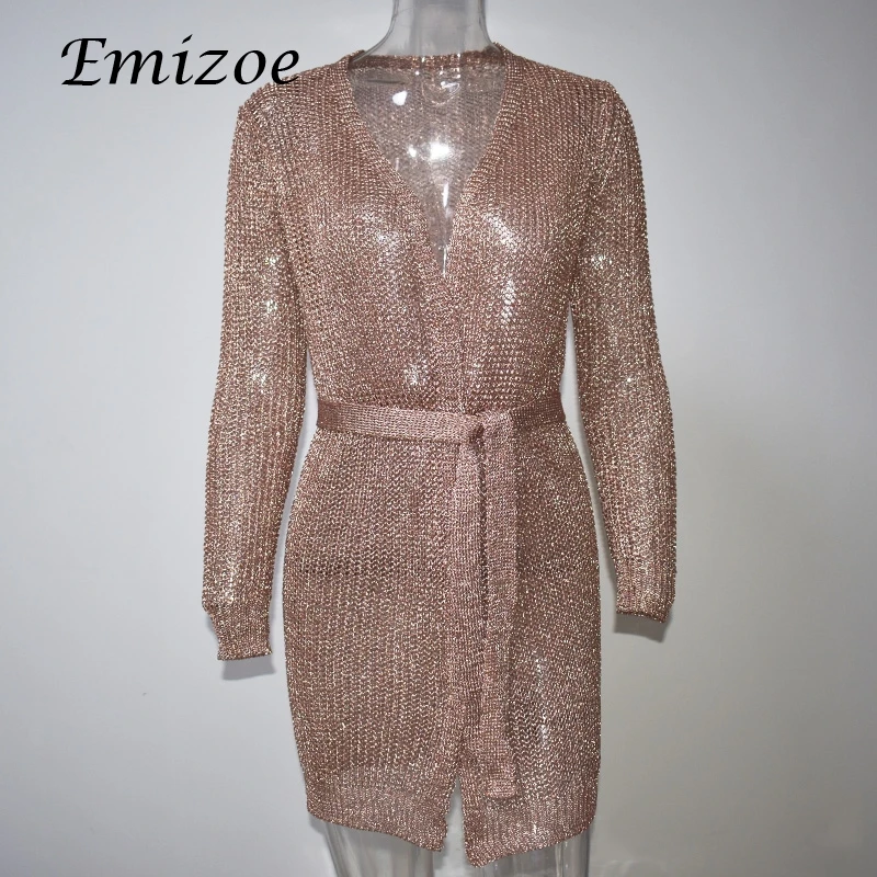 Женское трикотажное платье Emizoe клубное мини с длинным рукавом и бантом|knitted dresses