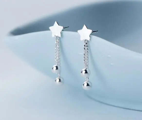 

Authentic 100% 1pair Real 100% 925 Sterling Silver fine Jewelry Lucky Round Bead &Star Tassel dangle Earrings Women's GTLE2402
