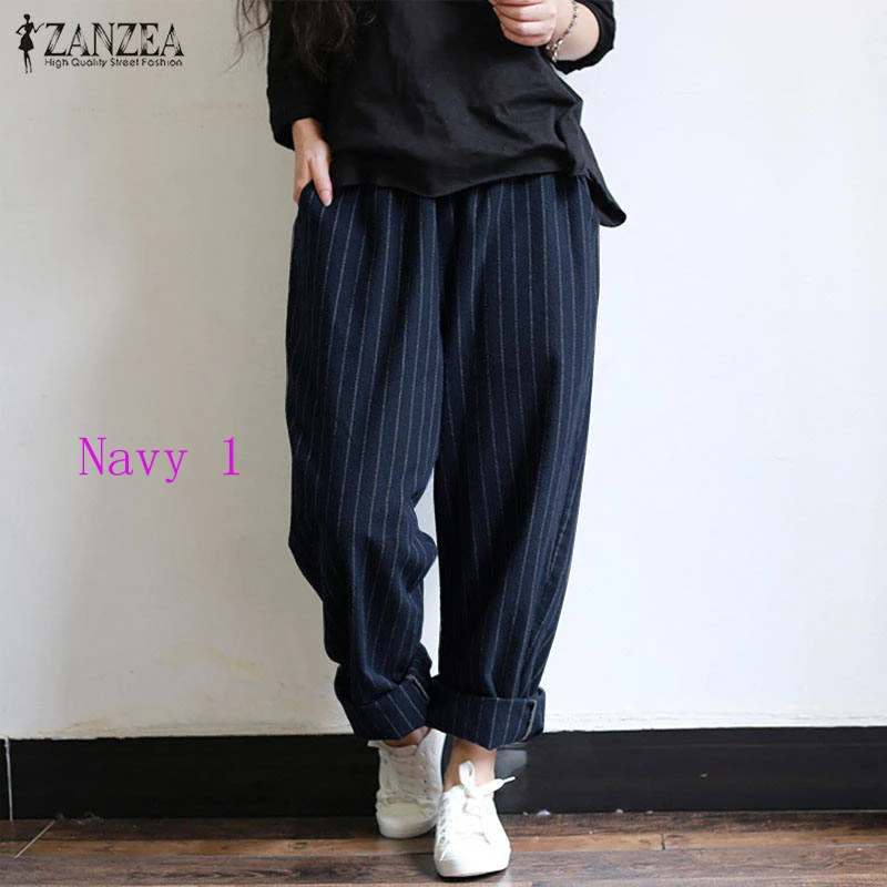 Navy 1 ZANZEA 5XL осенние полосатые штаны женские повседневные мешковатые брюки Репка длинные Панталоны Палаццо дамские штаны-шаровары с эластичной талией размера плюс - Цвет: Navy 1