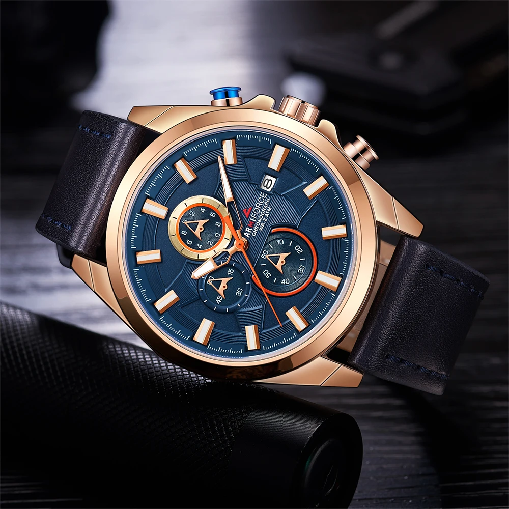Хронограф Спортивные часы Мужские кварцевые наручные модные кожаные армейские