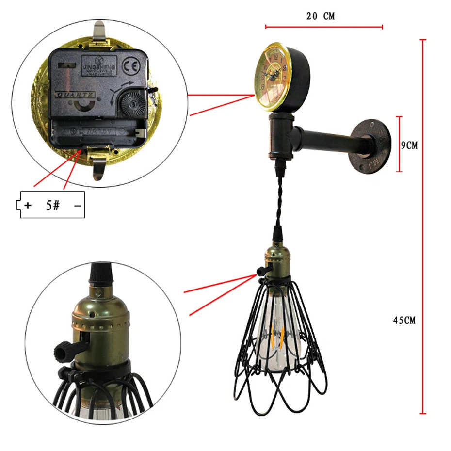 

Vintage Industrial Style With Clock E27 Wall Light Loft Creative Water Pipe With Switch Wall Lamp Rustic Apartment Decor Lamp