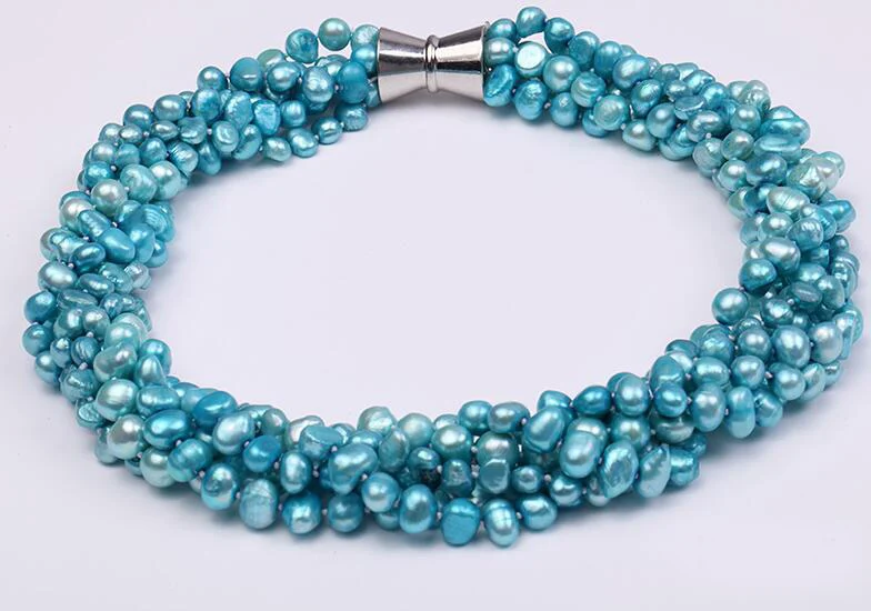 

36-43cm 14-17'' 6 Rows Women Jewelry AAA natural pearl 6x7mm light blue baroque freshwater pearl necklace gift