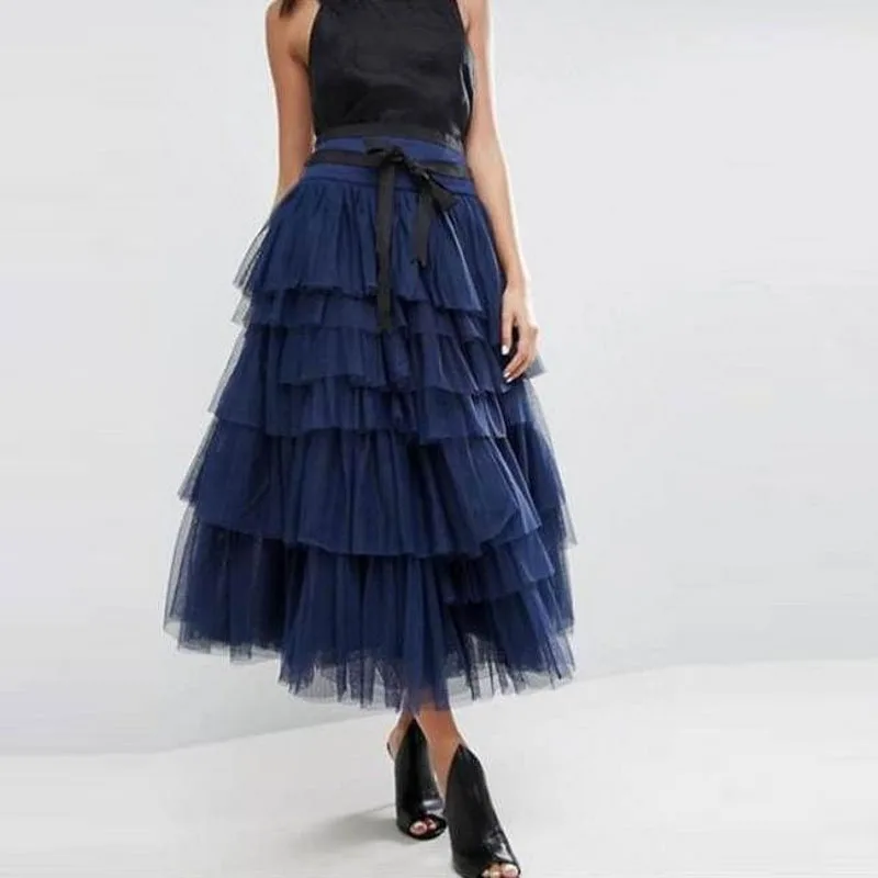 

Dark Blue Tulle Skirt A Line Skirts Ankle Length Tiered Layered Skirt Female Fashionable Tutu Skirts Custom Made
