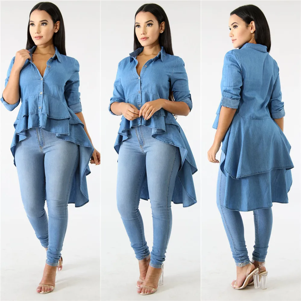 

causal women tops ruffles asymmetric autumn dress woman blue color shirt dress women vestidos jeans dress