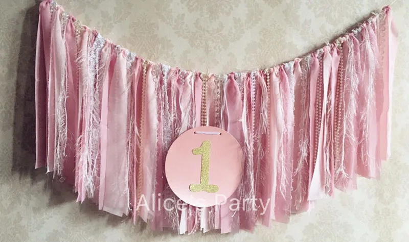 Pale Pink Chiffon Lace banner hot 1st Birthday party garland baby shower Bling one bunting girl first Wedding decorations | Дом и сад