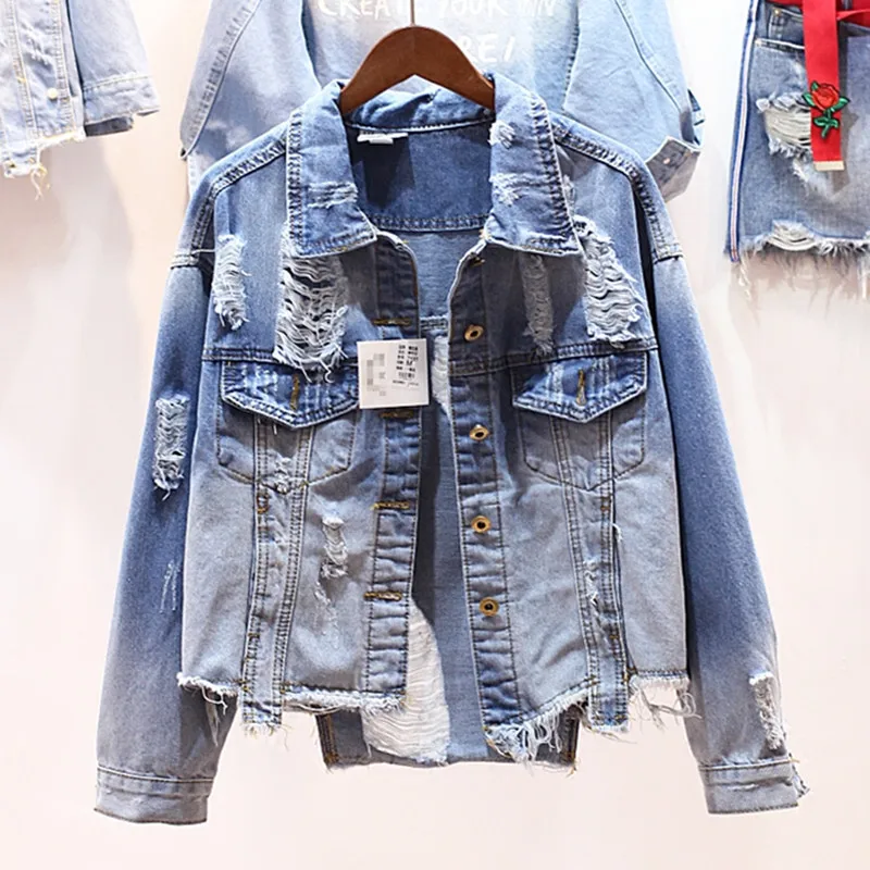 

Женская джинсовая куртка, синяя джинсовая куртка-бомбер, повседневный рваный джинсовый жакет с длинным рукавом, свободный жакет на весну и ...