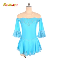 costume figure skating dress customized competition ice skating skirt for girl women kids sky blue middle sleeve