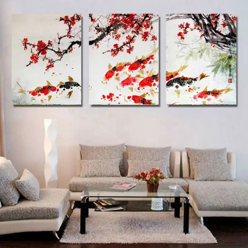 

3 Piece Free Shipping Modern Wall Painting Cherry Blossom Koi Fish Home Decorative Art Picture Paint on Canvas Prints