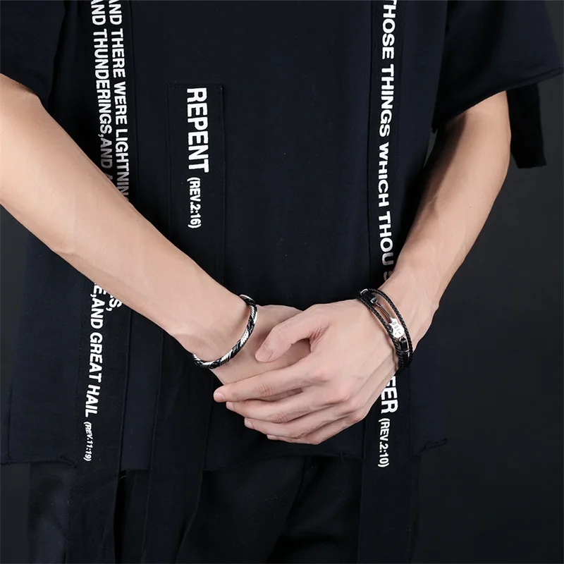 

AZIZ BEKKAOUI Unique Stainless Steel Guitar Bracelets Fashion Logo Leather Bracelet for Men Rope Bangle Drop shipping