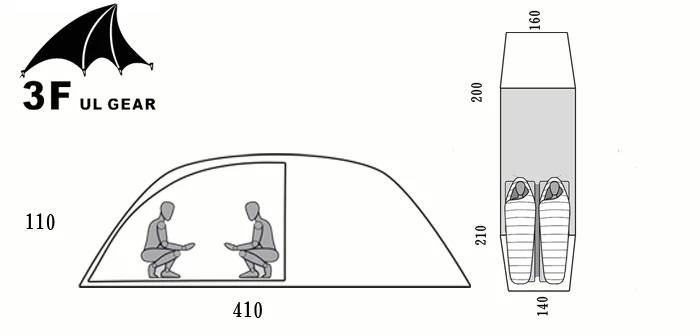 

3F UL GEAR 2 person 2 room 4 season Tunnel tent 15D silicon outdoor camping hiking climbing ultralight large space 210T tents