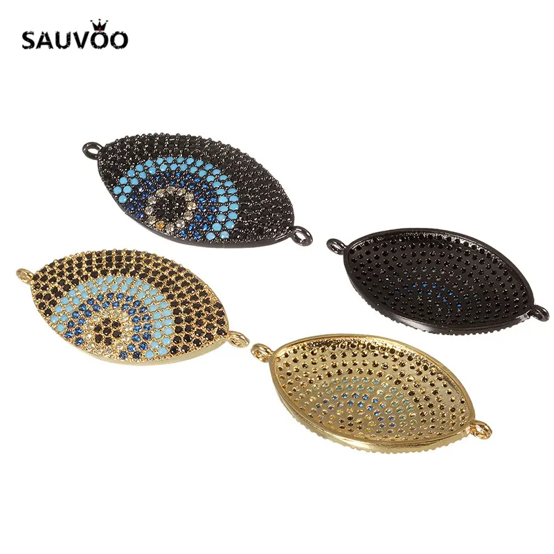 SAUVOO 2pcs/lot Copper Black Gold Color Zircon Crystal Rhinestone Fatima Eye Bracelet Charms Connector 17*33mm DIY Jewelry | Украшения и