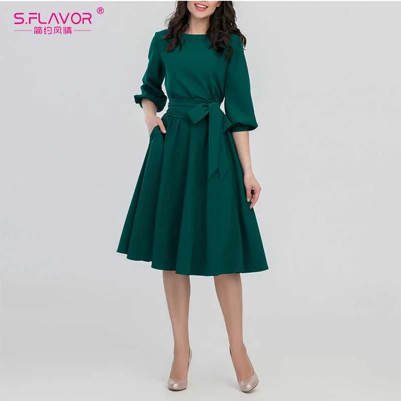 S. FLAVOR 2019 женское модное винтажное платье зеленого цвета с круглым вырезом