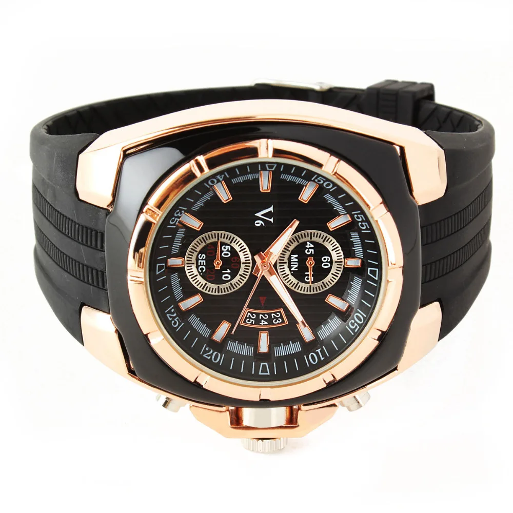 Роскошные V6 Черный Кожаный Ремешок Мужская Спорт Кварцевые Аналоговые Дата