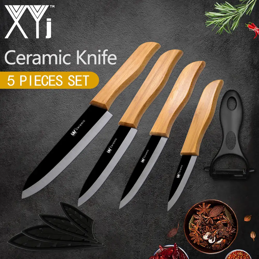 Handle Style 2 XYj, кухонный нож с бамбуковой ручкой, аксессуары для приготовления пищи, черное лезвие, керамический нож, набор кухонных инструментов " 4" " 6"+ Овощечистка - Цвет: Handle Style 2
