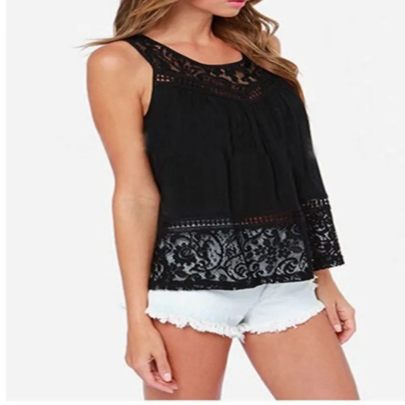 S-5XL 2016 Summer Women Hollow Out Crochet Lace Tank Tops Fashion Casual Sleeveless Black &amp White Beach Loose Crop A9115 | Женская