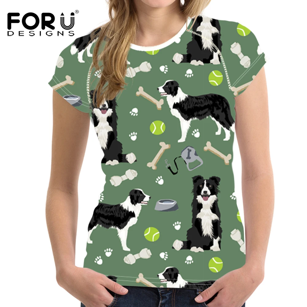 

FORUDESIGNS Funny Border Collie Print Women T Shirt Ladies Fashion Short Sleeve Tee Shirt Females Cute Puppy T-shirt for Girls