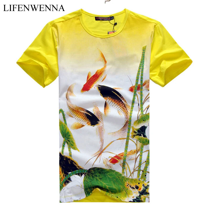 

New Style Mens T Shirt Fashion Goldfish Print T Shirt Men Chinese Style Short Sleeve Slim Fit Casual Tee Shirt Men Plus Size 6XL