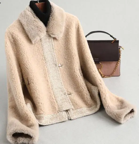 beige-camel ZiZhen, Натуральная шерсть, овечья шерсть, куртка с отложным воротником, на молнии, короткая, весна-осень, новинка, для женщин, 190606-4,59359 - Цвет: beige-camel