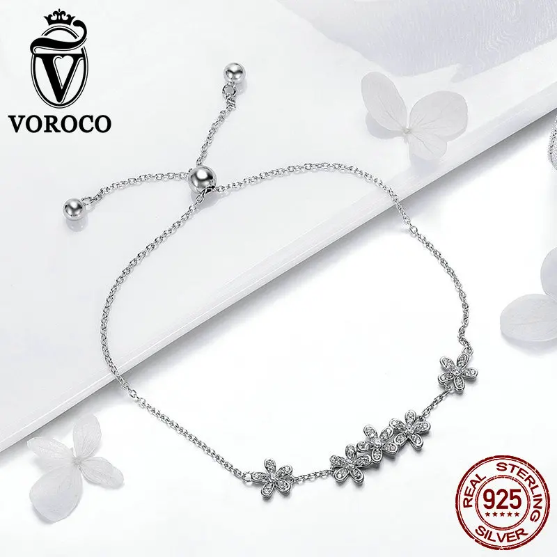 VOROCO Аутентичные 100% 925 пробы Серебряный Маргаритка Цветочные блестящие браслеты 3A