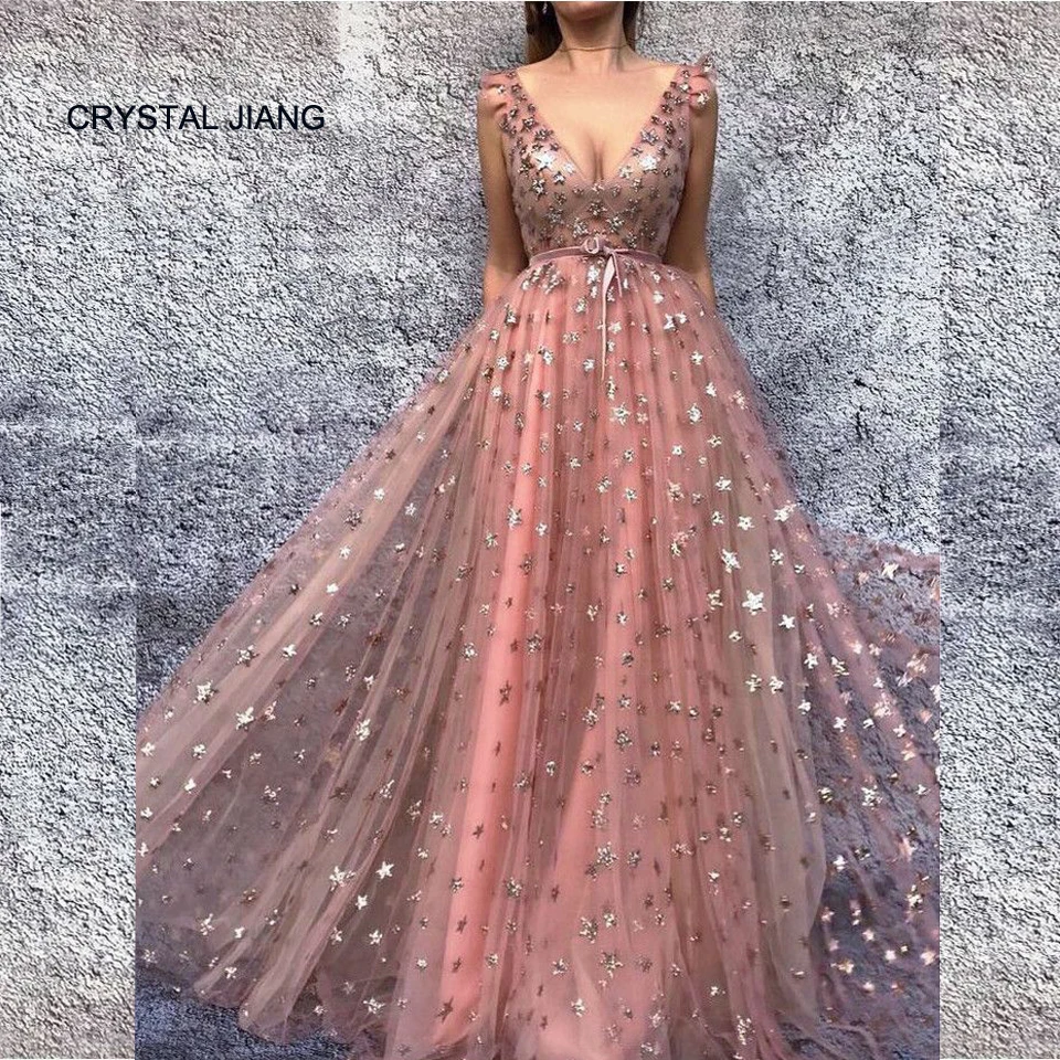 

2018 New V neck Sparkly Vestido de Festa Long Evening Gowns A Line Sleeveless Elegant Formal Evening Gowns Pink Lace Party Dress