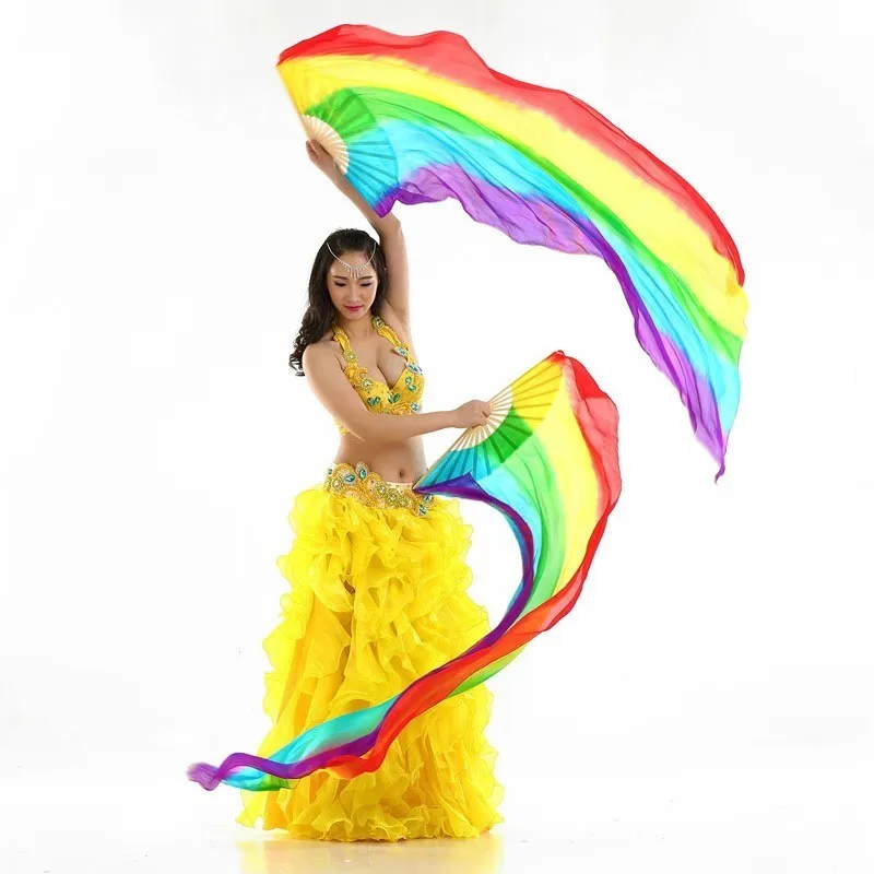Танец живота настоящий Шелковый веер радуги 5 цветов BellyDance длинный для Танцев