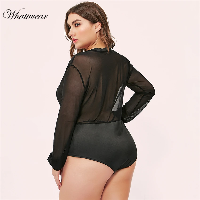Whatiwear плюс размер с длинным рукавом Кружевное боди прозрачное Женское