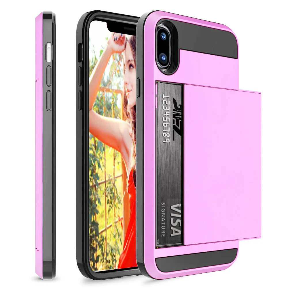Для iPhone X XS Max 7 8 XR 5 SE 6 Чехол-кошелек держатель для карт ID Слот раздвижной для двери Скрытая Карманный чехол для iPhone 5 5 S 6 6S Plus 7 - Цвет: Pink