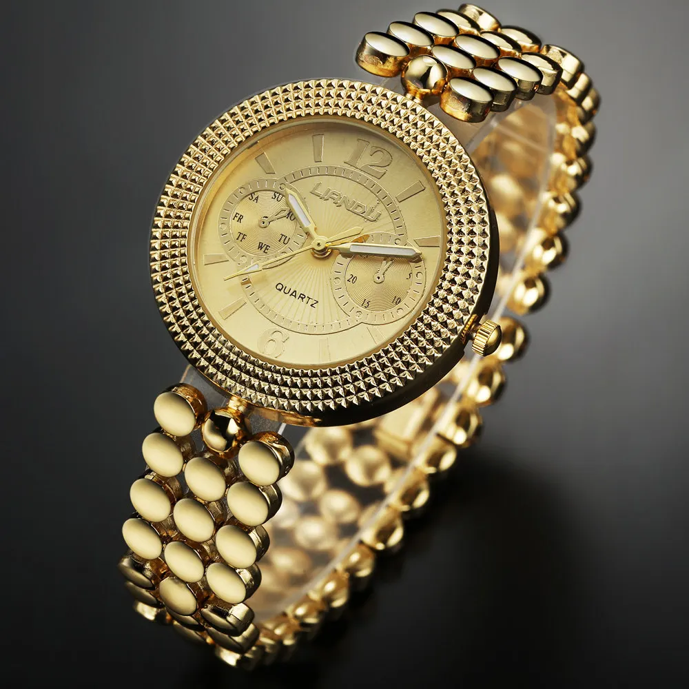 LIANDU Новый Мода Дамы Роскошные Золотые Кварцевые Наручные Часы Женщины браслеты