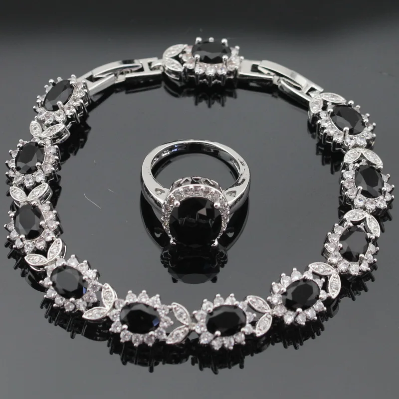 Женский комплект свадебных украшений серебряного цвета с черным фианитом белым