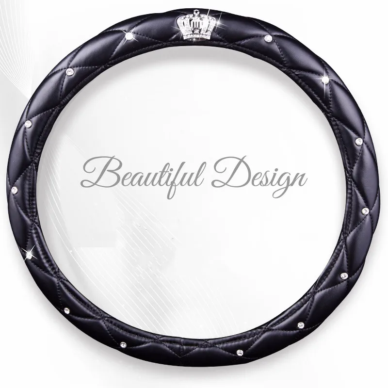 

Fashion Women PU Leather Car Steering Wheel Covers Diamond Black Pink Auto Steering-Covers Cases for Lady Girls Car Accessories