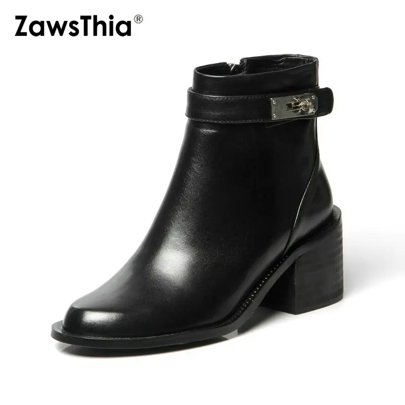 ZawsThia/Роскошные Брендовые женские ботильоны из натуральной кожи черного цвета женская обувь на квадратном не сужающемся книзу массивном каблуке Ботинки martin botines mujer