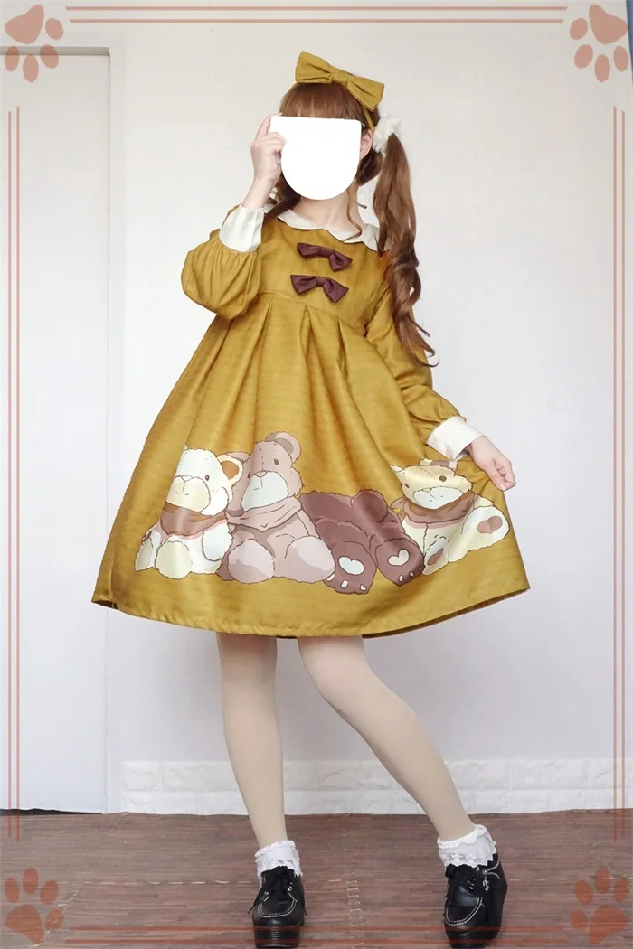 Yellow Dress and KC Осенне-весеннее милое платье принцессы в стиле Лолиты, платье в стиле милой куклы с принтом медведя, японское женское повседневное цельнокроеное платье с кукольным воротником, 4 цвета - Цвет: Yellow Dress and KC