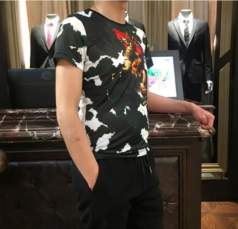 European fashion brand sky blue camouflage clothes summer short sleeve T-shirt men thin horse &amp man printing round colla | Мужская