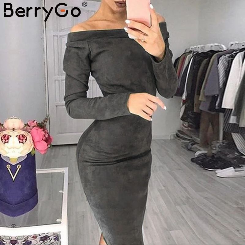 BerryGo с открытыми плечами эластичные замшевые облегающие Сексуальные Платья