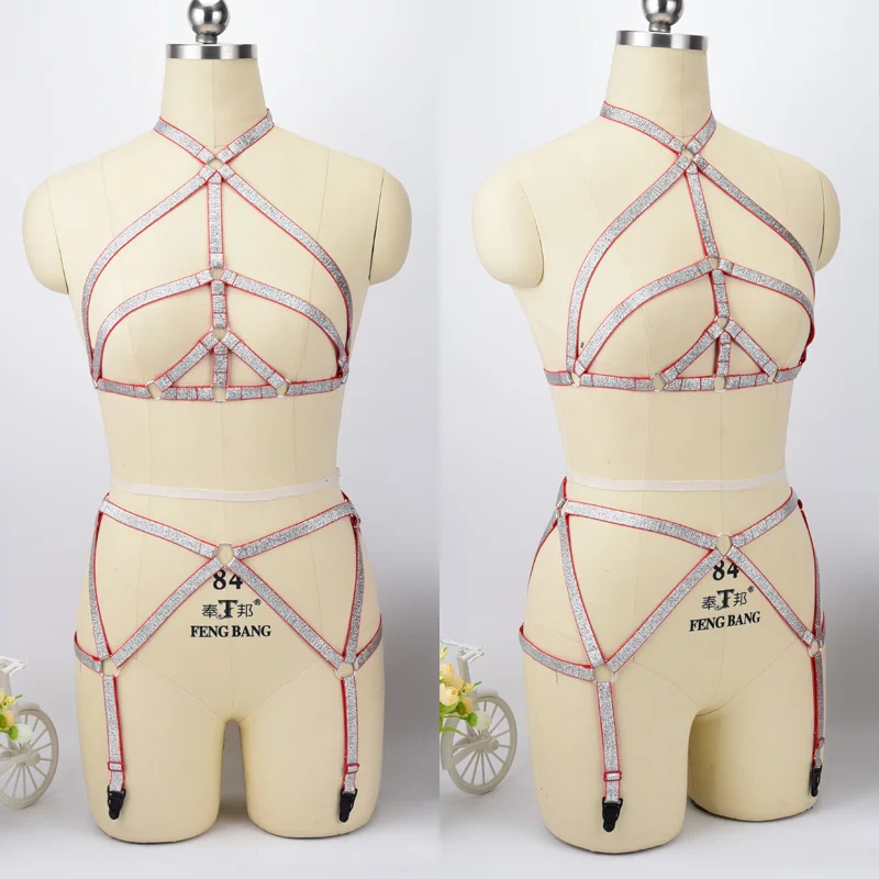 

Body harness Crop Top Harness Bra+Garter Belt set Bondage Body Harness Fetish Wear Gothic Body Cage Gothic Rave Leg garter belt