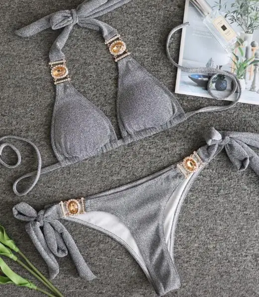 

Glitter Fabric Crystal Diamond Bikini Set Sequins Bandage Swimwear Push Up Female Brazilian Strappy Biquini For Women Beach Wear