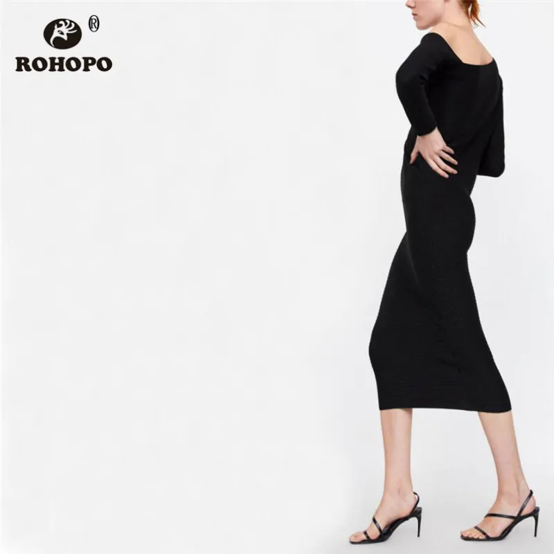 ROHOPO One Shouder Autumn Long Sleeve Midi Dress Solid Black Knitted Elastic Slim Body Straight Casual Vestido #UK8647 | Женская одежда