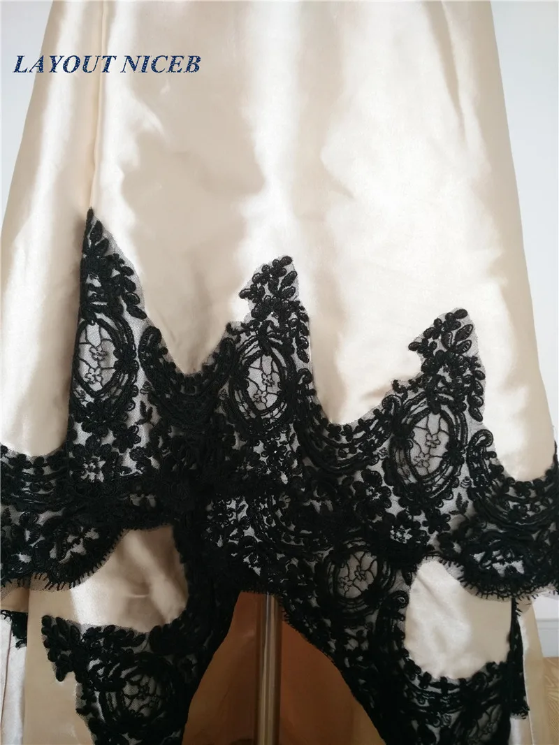 Шампанское Высокая Низкая вечерние платья 2017 чёрные кружевные аппликации плюс