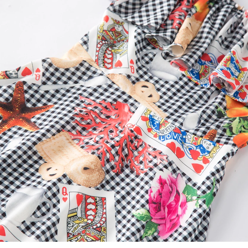 

High Quality 2018 Summer Newest Casual Style Ruffled Short Sleeve Ruffles Elegant Playing Card Print Knee-Length Dress Women