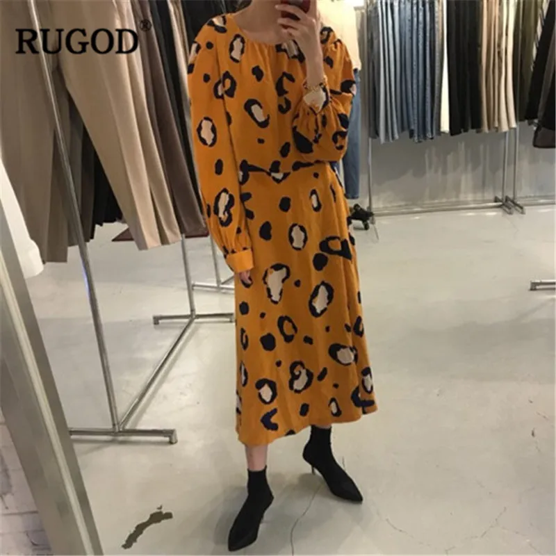 Женское платье с леопардовым принтом RUGOD Длинное свободное круглым вырезом и