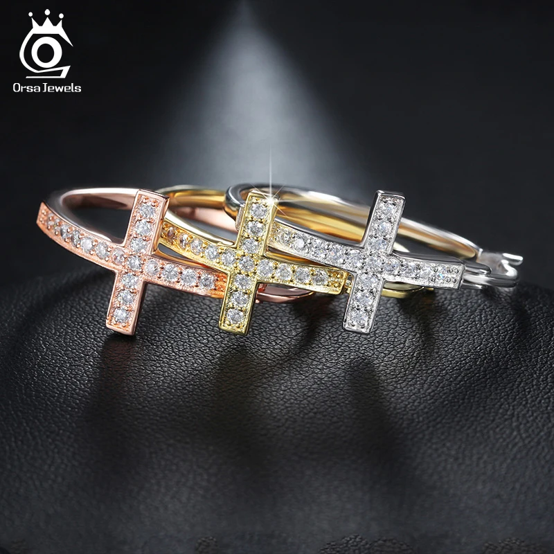 ORSA JEWELS, серебряные серьги-кольца для женщин, большая крестообразная петля, проложенные блестящими австрийскими кристаллами, модные ювелирные серьги OE142