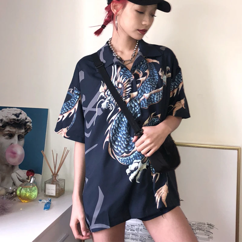 Cheerart harajuku блузка женская летняя рубашка дракон принт streetwear топ женский красная с