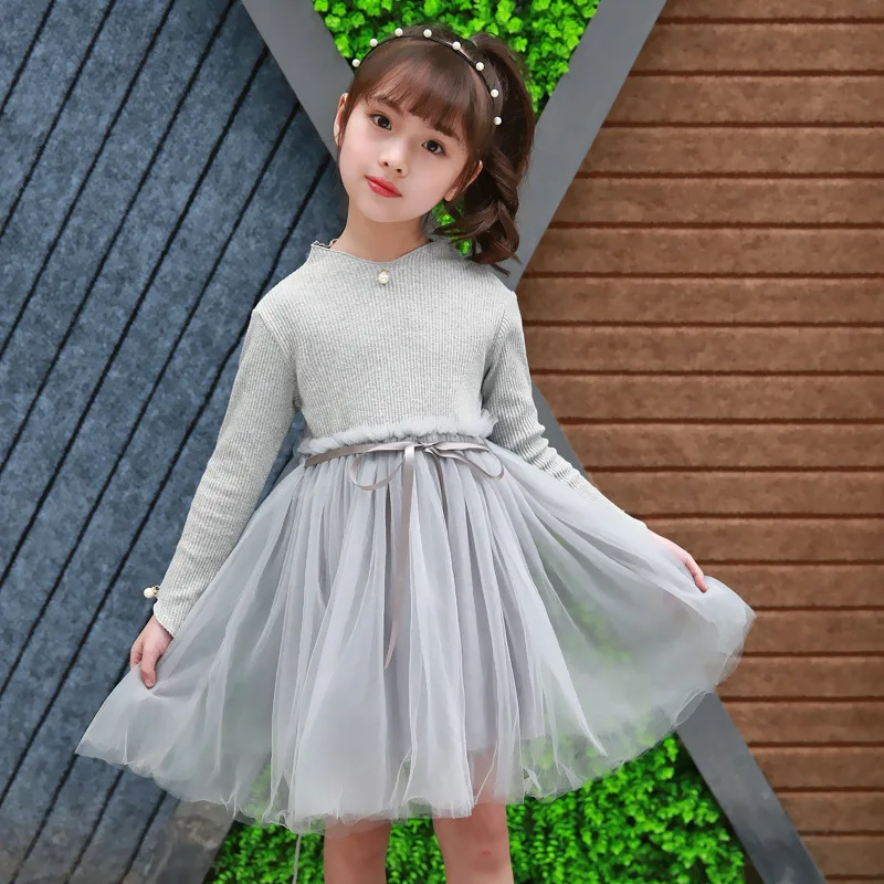Rlyaeiz Girls Dresses Ball Gown Dress 2019 Spring Autumn Knit Cotton Mesh Patchwork Party Princess Kids Clothes | Детская одежда и
