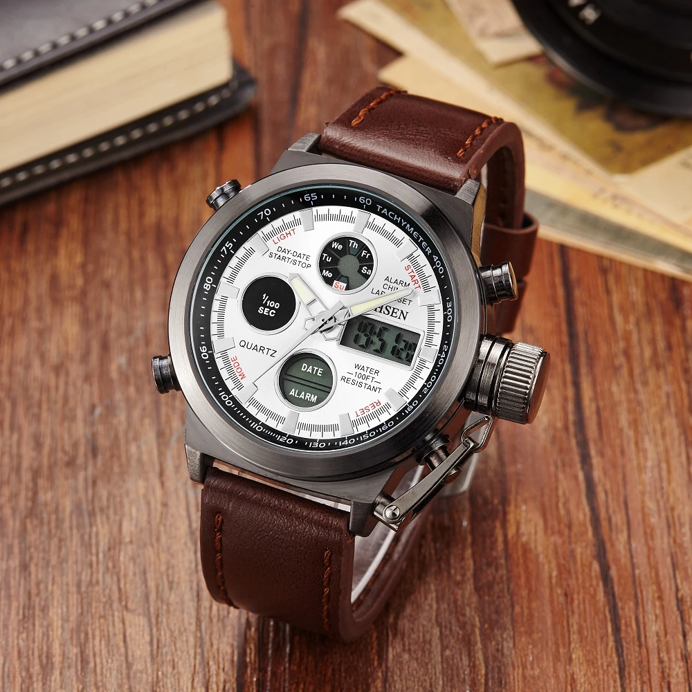 

Original OHSEN Fashion Male Digital Business Watch Dual Time Display 30m Waterproof Leather Band Mens Quartz Wristwatches Hombre