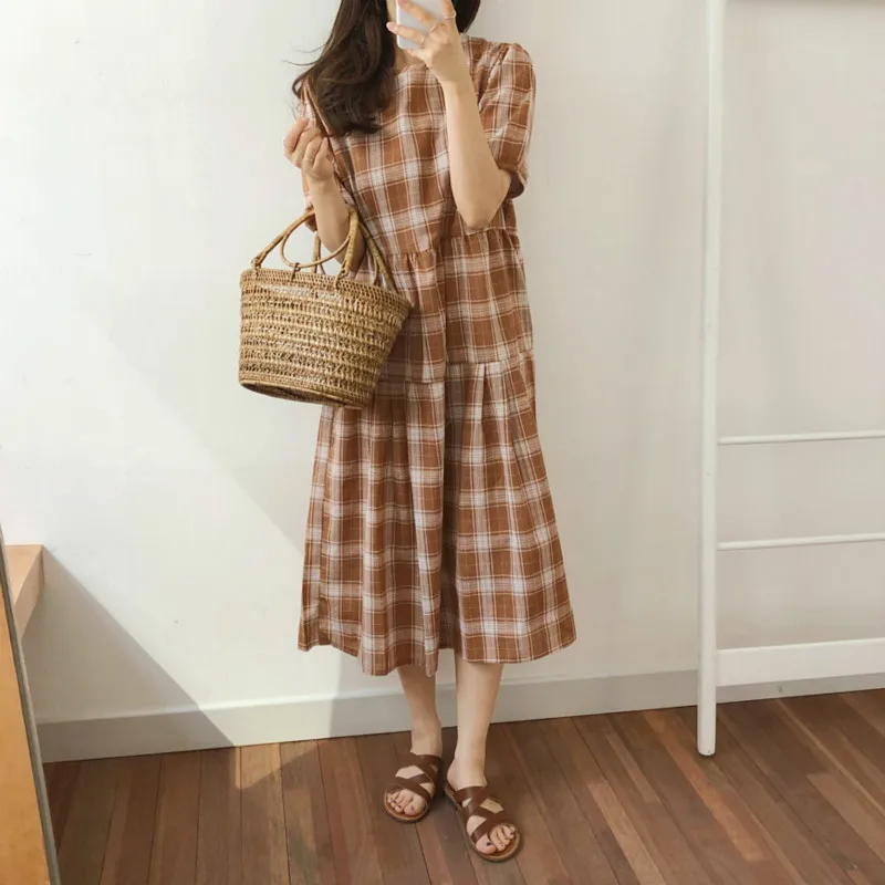 Women Summer Long Plaid Straight Dress Vestidos High Waist Blue Casual Maxi Robe Femme Loose Sukienki Sommerkleid Jurken