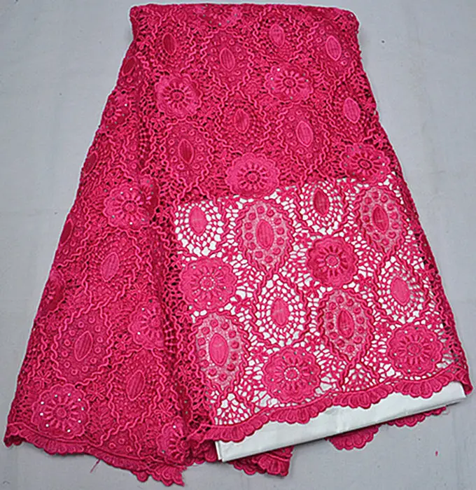 5Yards/pc Gorgeous fuchsia african water soluble lace embroidery with rhinestone french guipure for dressing LE18 | Дом и сад