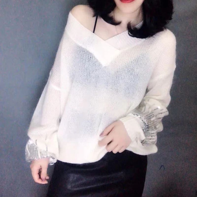 Женский свитер с рукавами-фонариками свободный пайетками на весну 2019 | Женская