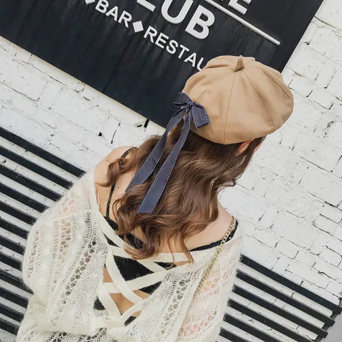 Новая модная шляпа с бантом сзади женская PU кожаный берет Harajuku шерсть баскский берет шляпа с бантом