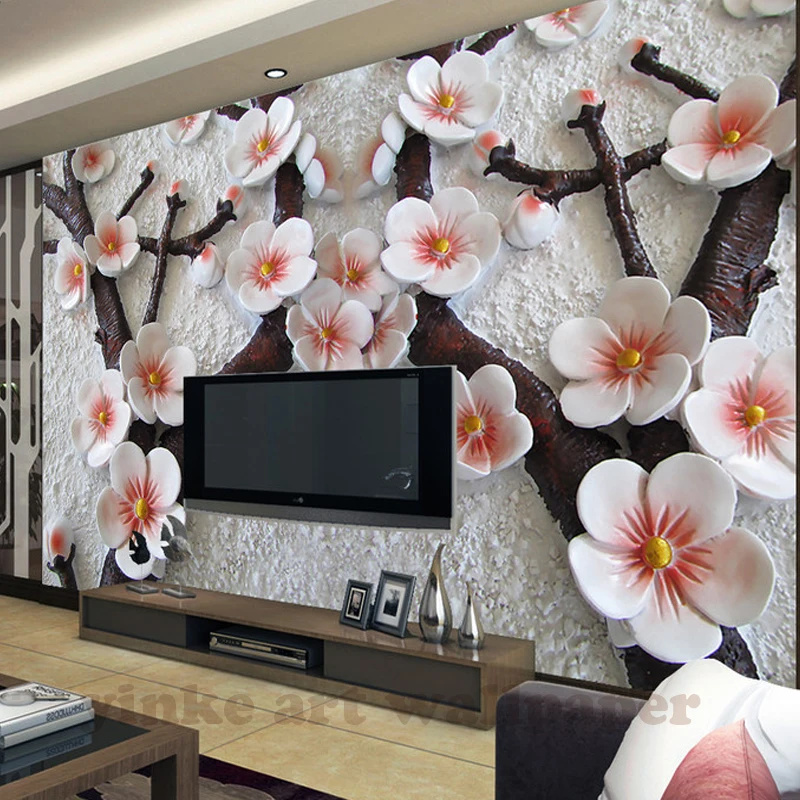 

3D photo wallpaper stereoscopic Modern backdrop white back relief plum blossom 3D large wall mural wallpaper Modern painting